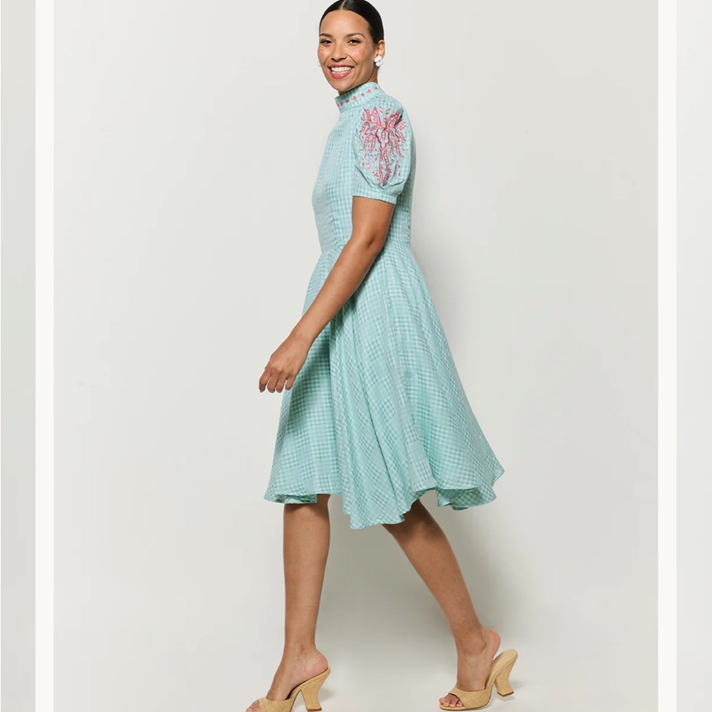Fanm Mon Lipno Dress Midi Mini Floral Embroidered Green Checker Plaid Small NWT - Picture 6 of 16